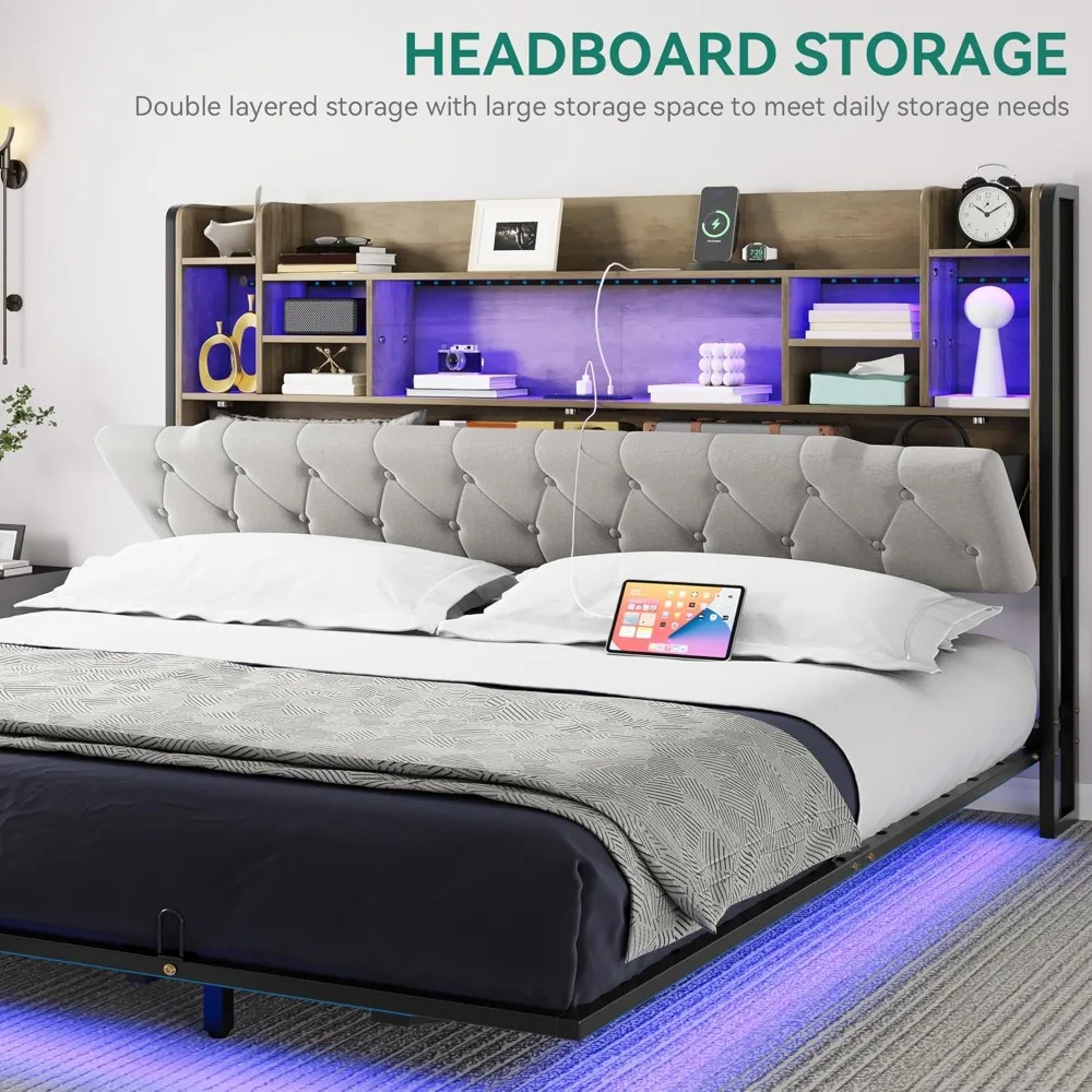 LED King Size Floating Bed Frame, Upholstered Platform, Headboard Storage and Charging Station, No Box Spring Needed