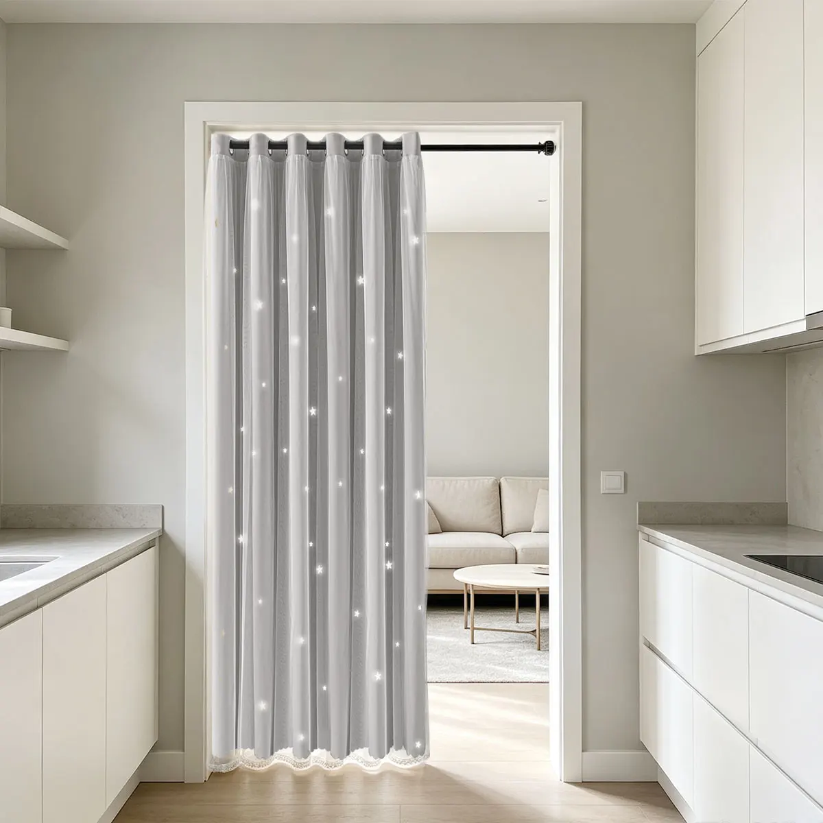 Grey Double Layer Hollow Out Grommet Curtain 1 Panel, Star Cutout Lace Sheer, Scalloped Lace Edge Window Drape for Room