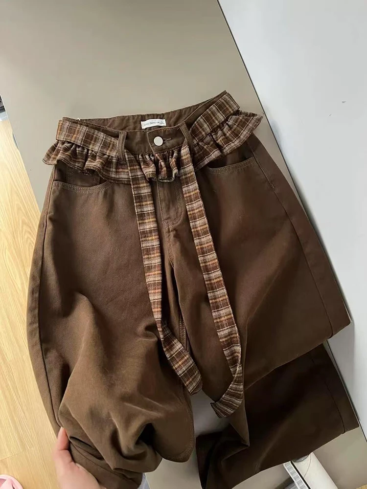 Jean café Vintage en Patchwork pour femmes, taille haute, couture à lacets, jambes larges, pantalon en Denim, Streetwear Y2K, pantalon droit