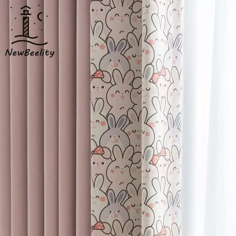Pink Cartoon Printed Rabbit Chenille Curtain Children's Bedroom Kindergarten Dormitory Blackout Girl Princess Wind Curtain Decor