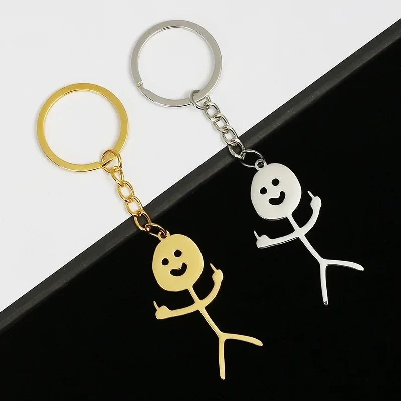 2024 New Creative Funny Middle Finger Stickman Stainless Steel Keychain for Wen Women Cute Car Key Pendant Couple Keyring Gift