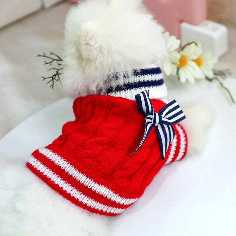 1PC Pet Clothing Cat Autumn and Winter Thickened Warm Soft Red Bow Knitted Elastic Sweater Suitable for Small and Medium Dogs