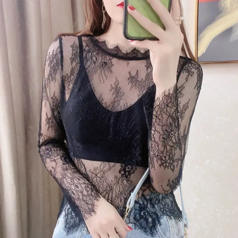 

White Lace Base irt Women's Inner Wear 2024 New Faion Thin Me Long Sve Stand Collar Underwear Top