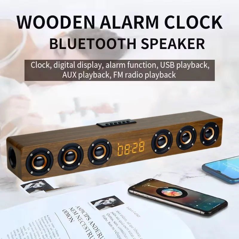 

6 Speakers TV Soundbar Echo Wall Wooden Wireless Caixa De Som Bluetooth Speaker HIFI Home Theater Portable Boombox Time Display