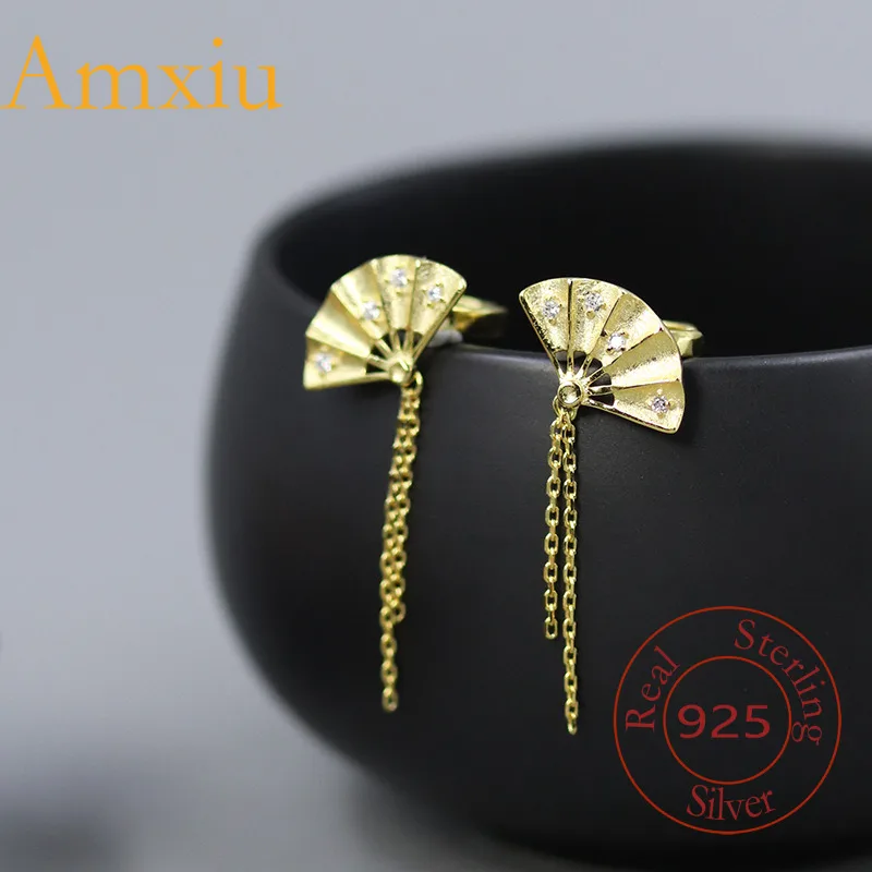 Amxiu Sterling Silver 925  Shake Wind Earrings Folding Fan Tassel Cuff New Chinese Style National Trend Non-Pierced Ear Jewelry
