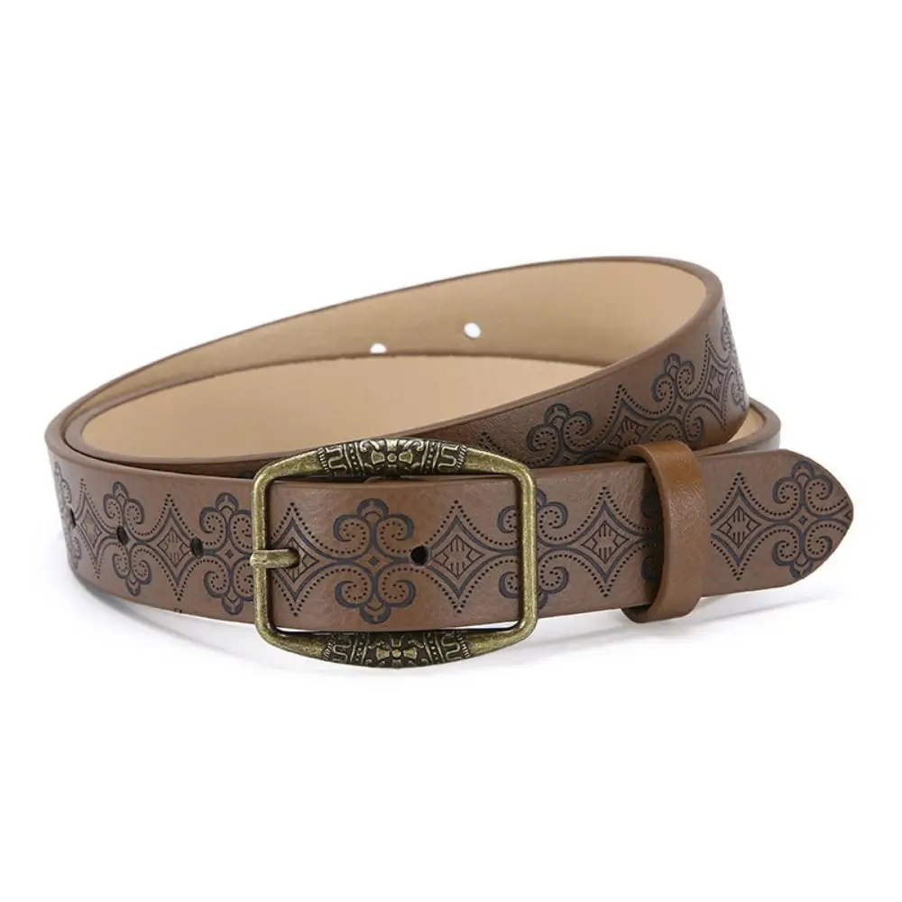Alloy Pin Buckle PU Leather Belt Carved Faux Leather Embossed Pattern Waist Belt Antique Metal Buckle Western Style