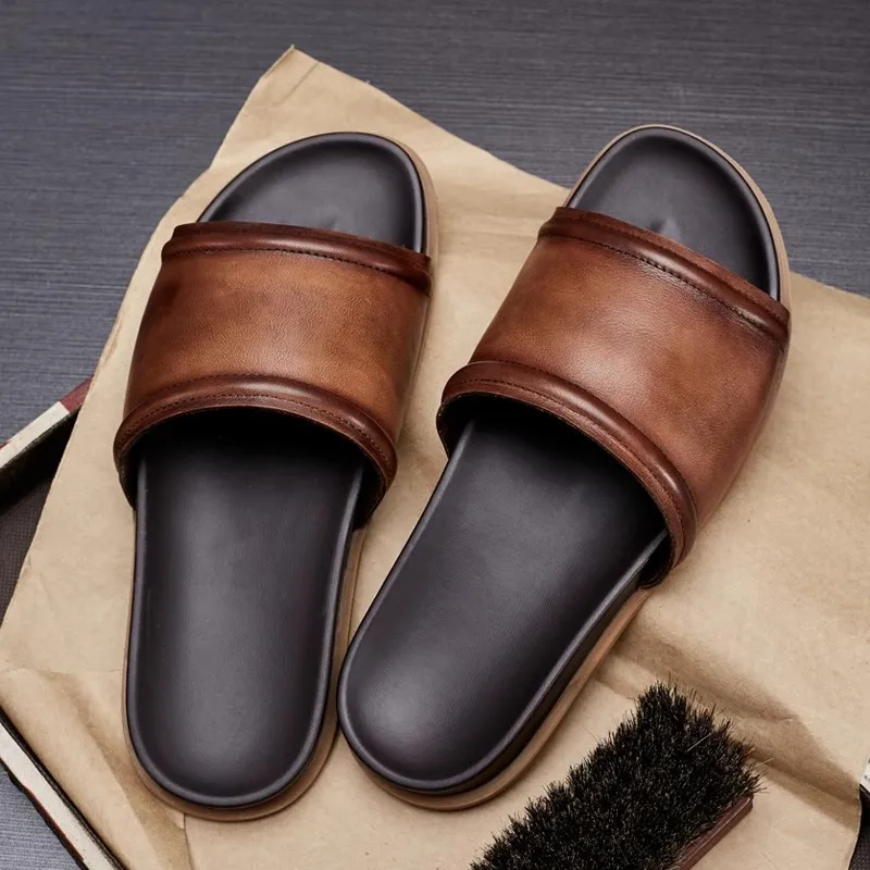 Top Quality Men Genuine Leather Slippers 2022 Summer Casual Comfortable Shoes Luxury Men Handmade Sandals Shoes