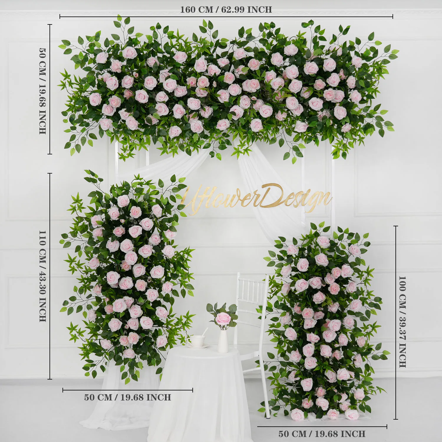 Uflower Pink Rose Green Leaf Blumenarrangement Dekor Hochzeit Outdoor Hintergrund Bogen Event Bühne Party Blumenreihe Blumenwand