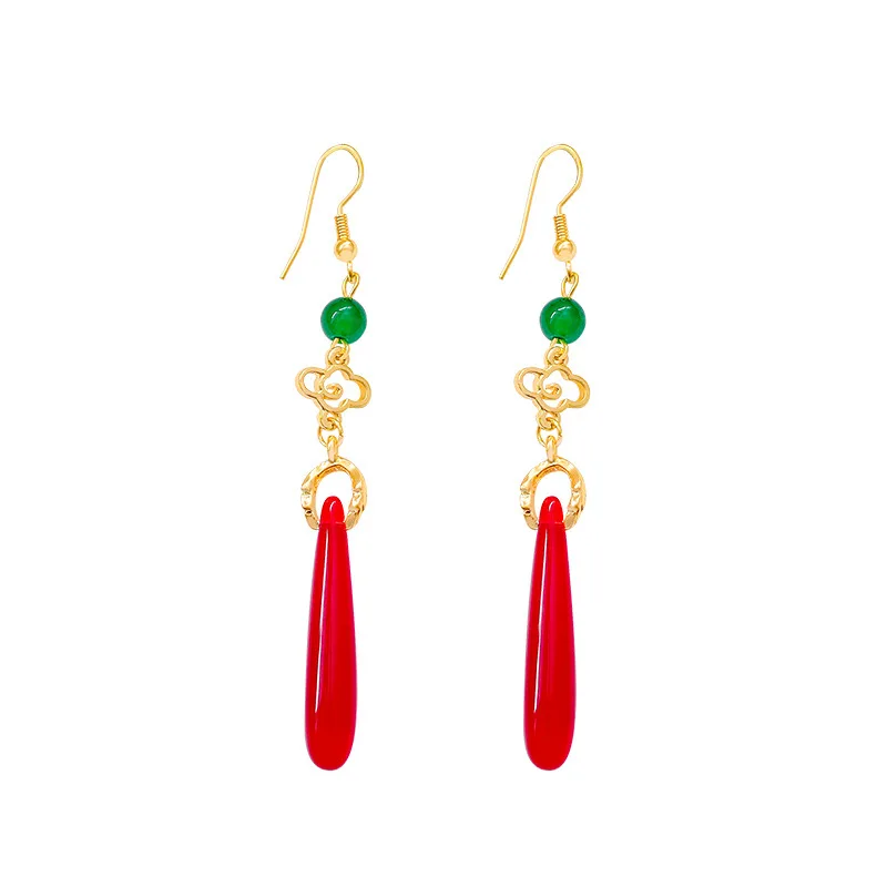Ethnic Style Auspicious Clouds Earrings for female Ancient style long Delicate tassel Ear Clip Red water drop pendant ear Hook
