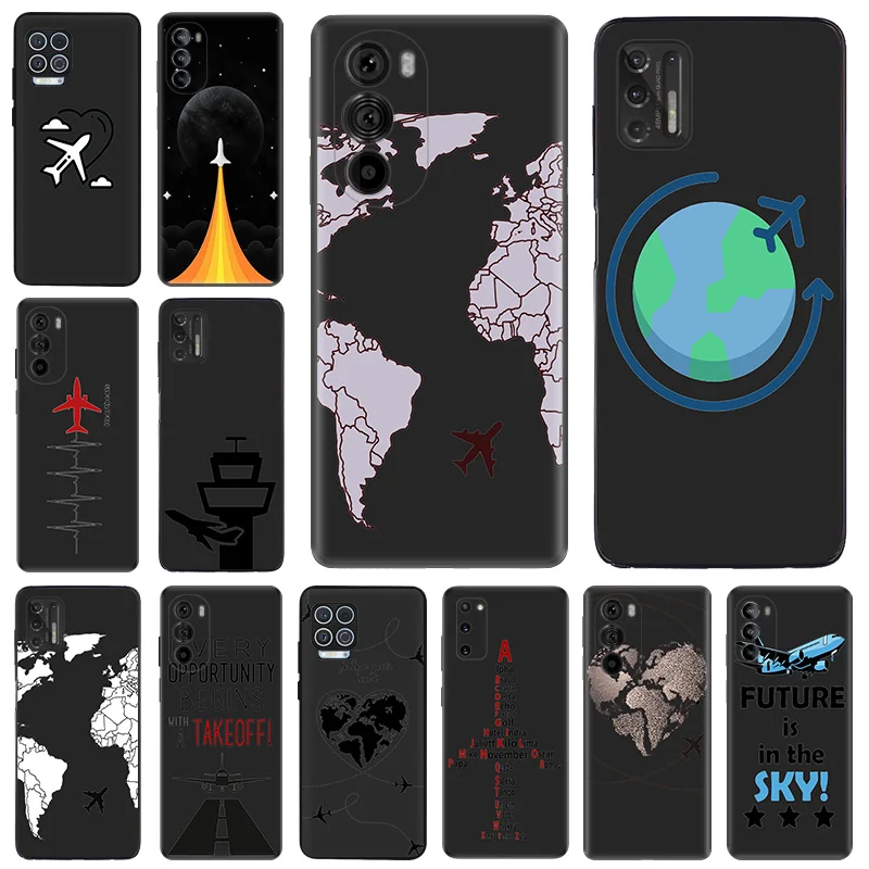 Phone Case For Motorola G50 G51 G30 G31 G60 G71 G22 G32 G52 G72 G73 G53 G9 Airplane World Map Rocket Black Soft Anti-Drop Cover