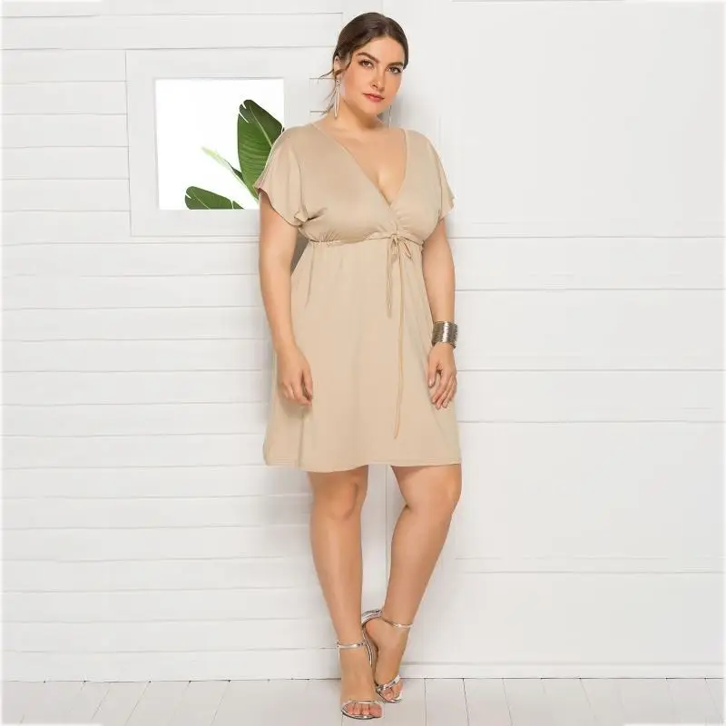 l38e-women-summer-short-sleeve-sexy-deep-v-neck-midi-swing-dress-drawstring-elastic-waist-color-casual-flowy-hem