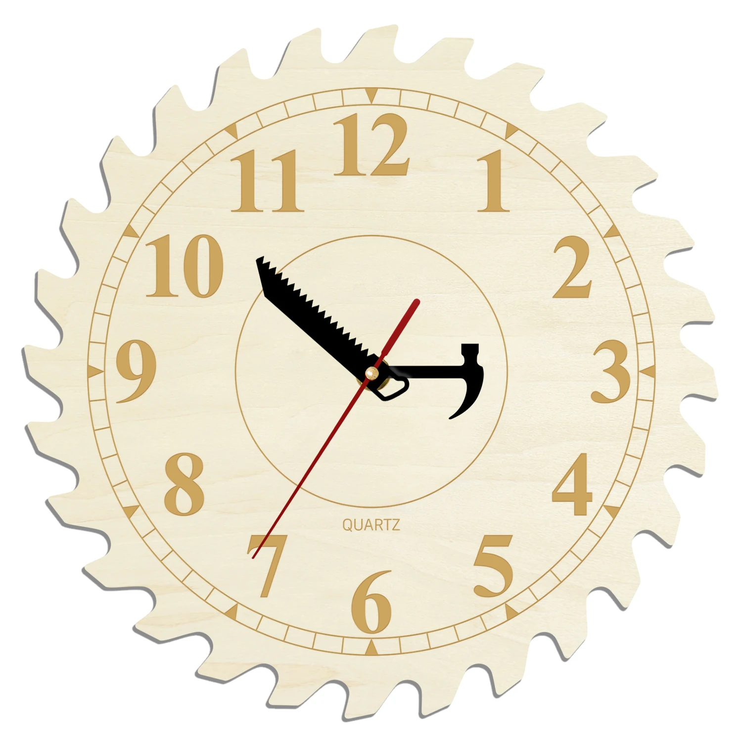 Wooden Wall Clock with Circular Saw Blade Dial Handsaw and Hammer Pointer Decorative Clock Wall Watch for Home Workshop Man Cave