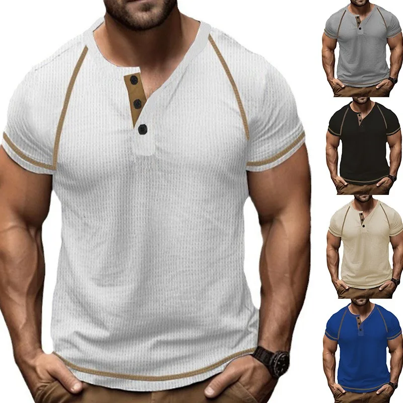 2024 New Waffle Heavy Duty Henry T-shirt Solid Retro Raglan Summer Short Sleeved Men's T-shirt