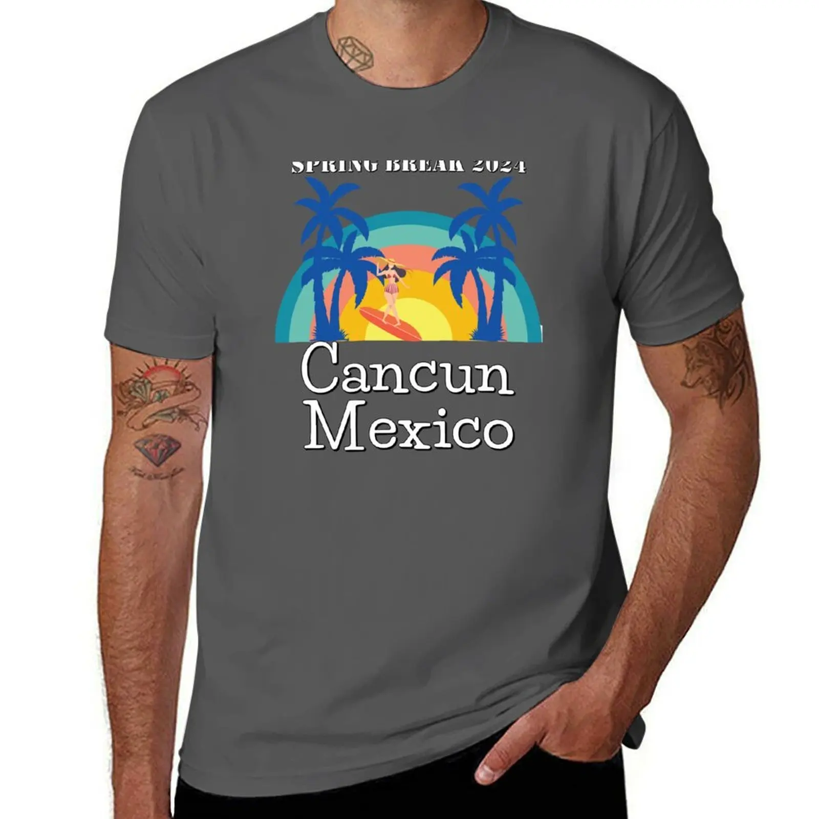 Cancun Mexico, Beach Vacation, Surfer, Palm Trees, Spring Break 2024 T-Shirt Big and Tall Basic Tee Shirt
