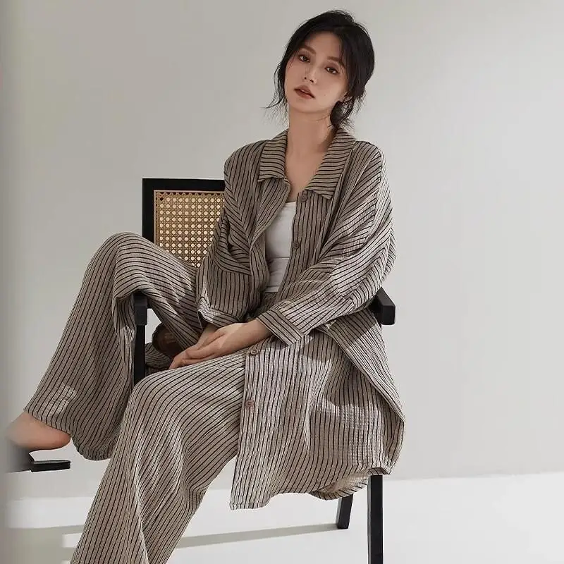 

Women's Pajama Set Comfortable Sleepwear Loungewear Pure Cotton Women Plus Size Homewear Spring Autumn Striped Long Sleeve Pants