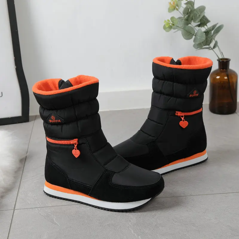 Long Women Snow Boots with Fashion Zipper Comfortable Warm Fur Winter Female Cotton Shoes Waterproof Non-slip Ladies Flat Boot