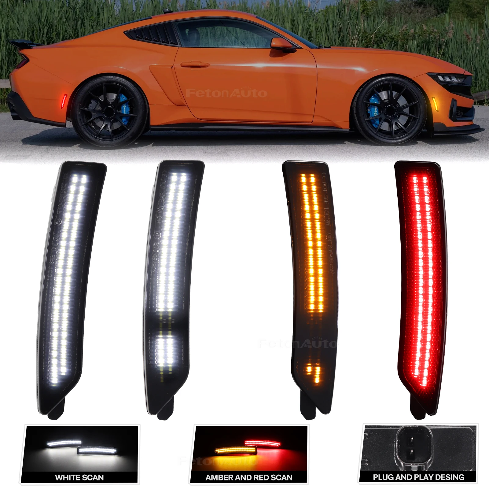 

4pcs Scan White Amber Red Parking Bumper Lamp Front Rear Side Marker Light Indicator LED Fender Lamp for Ford Mustang 2024 2025