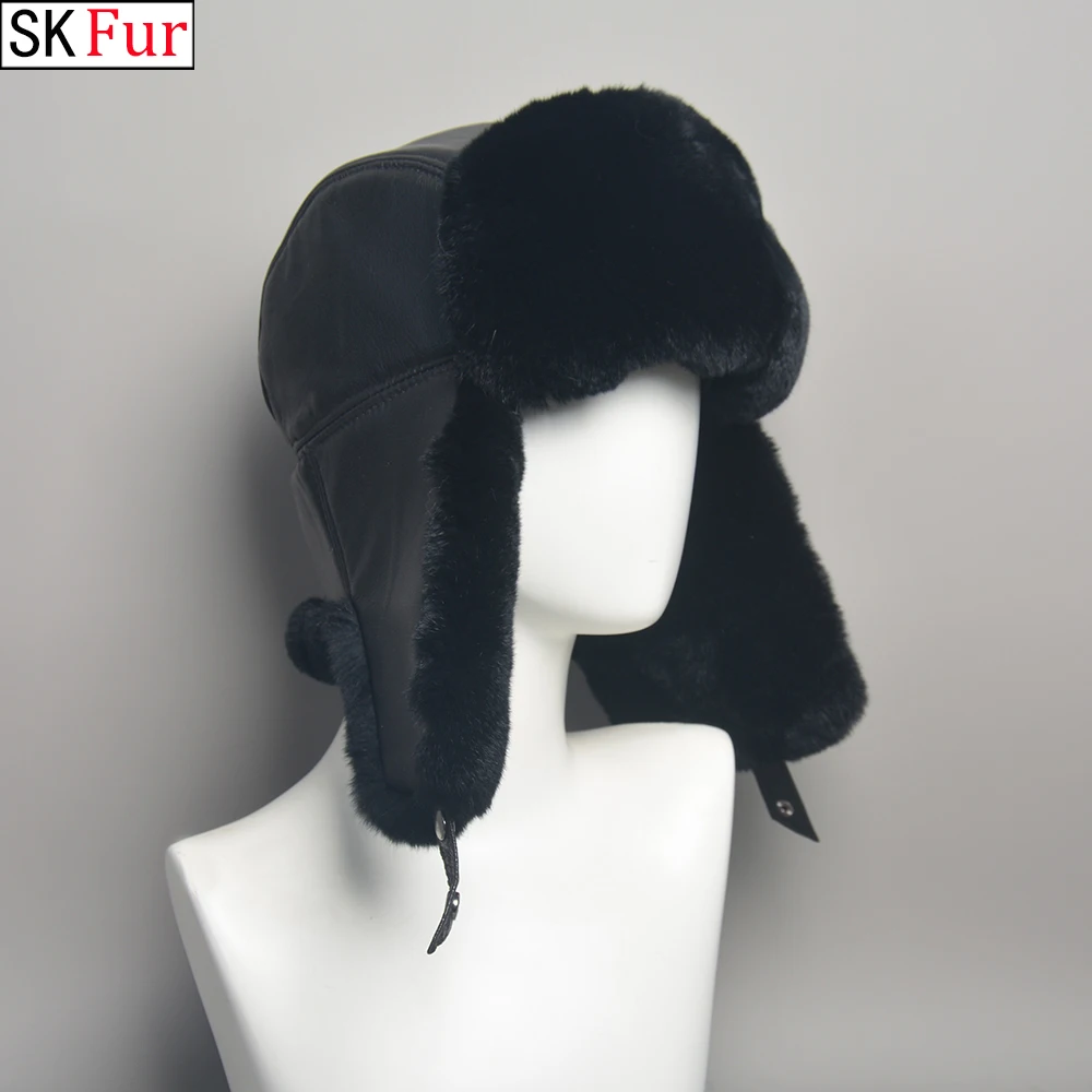 

New Arrival Winter Russian Man Woman Natural Full Pelt Rex Rabbit Fur Hats Luxurious Sheepskin Leather Cap Real Fur Bomber Hat