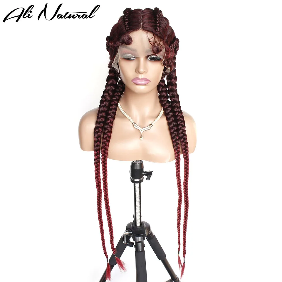 Ombre Color 4 Braids Lace Topline Wig Ombre 99j Burgundy Red Wine Synthetic African Cornrows Box Braided Lace Wig