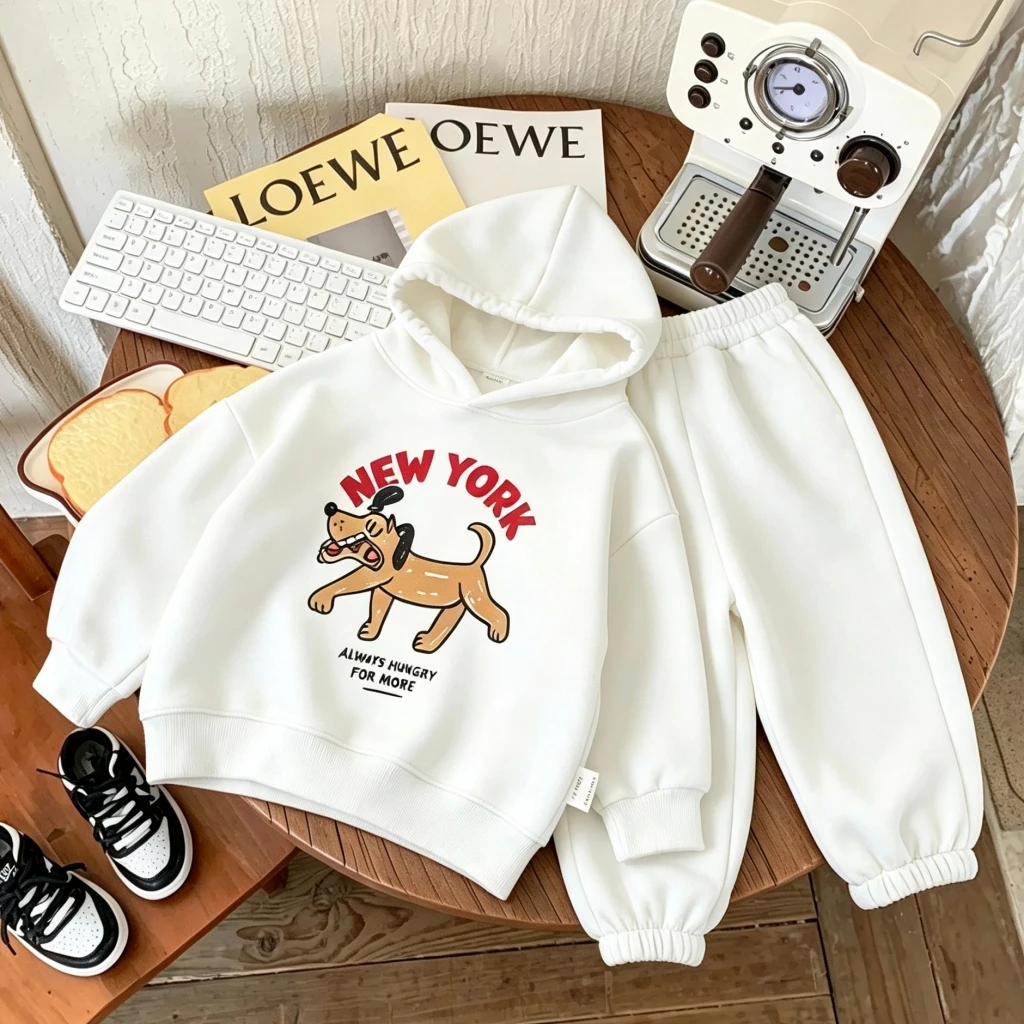 Brand Autumn Sets Cartoon Dogs Print Hooded Tops White Sweatpants Winter New Thin Velvet Tracksuits Children's Fashion Clothes