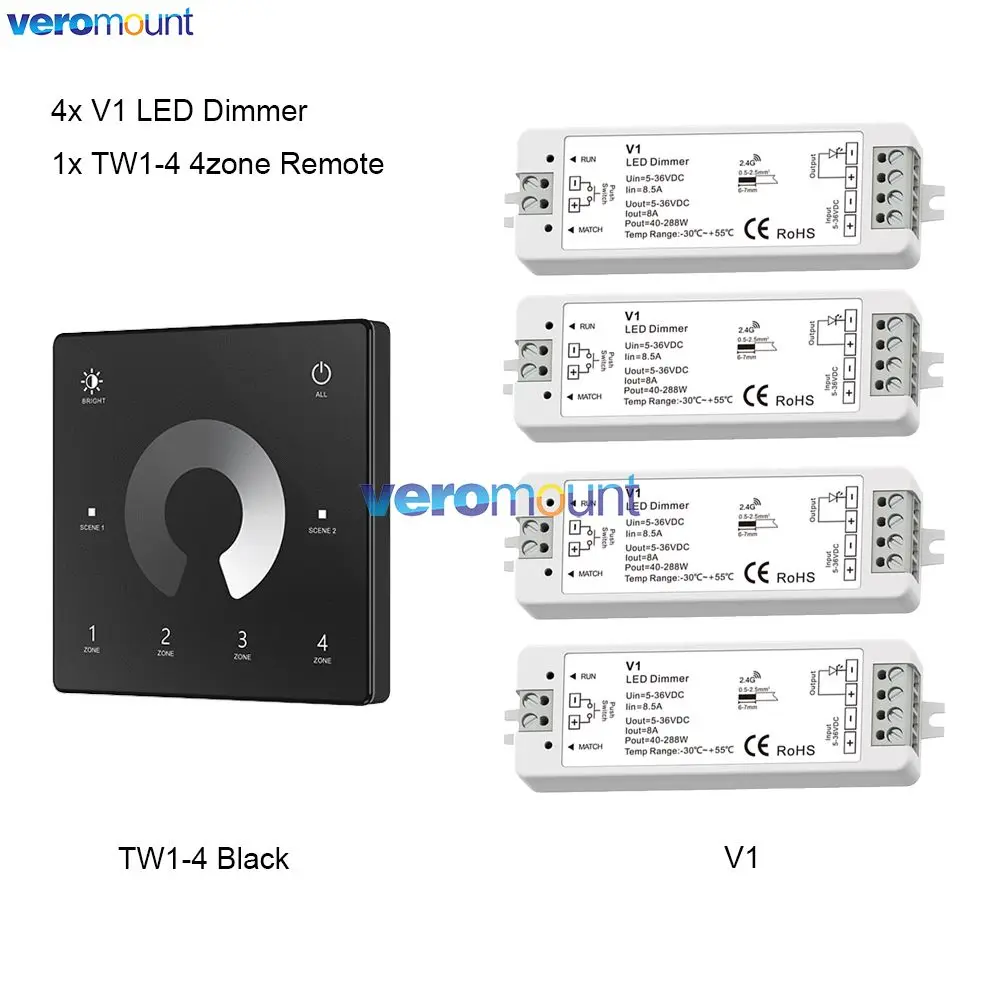 Skydance V1 LED Dimmer 1CH 5V 12V 24V 36V Enkele Kleur LED Strip Dimmen Kit Draadloze 2.4G RF 4Zone Afstandsbediening Touch Schakelaar