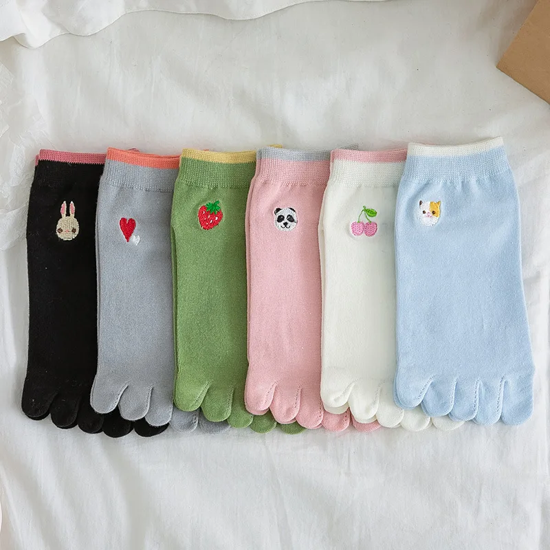 

3 Pairs Women Thin Short 5 Toe Socks Set Cute Solid Color Cartoon Cotton Toe Sock