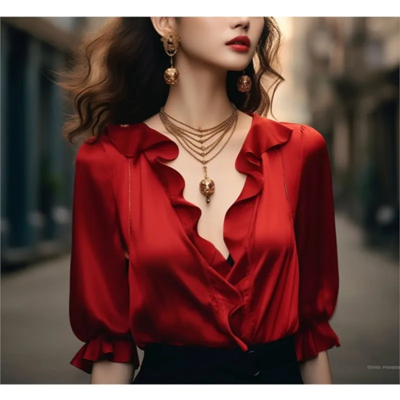 New Chinese Style Women's Clothing Inner Wear Japanese Red Satin Surface Tree Fungus-like Lacework Shirt