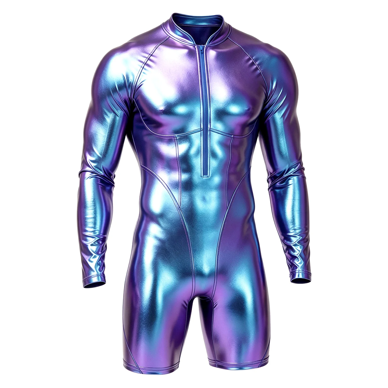 Herren Metallic Glänzender Bodysuit Rave Festival Clubwear Langarm Vorderer Reißverschluss Kurze Hose Romper Disco Simulierter Muskel-Jumpsuit