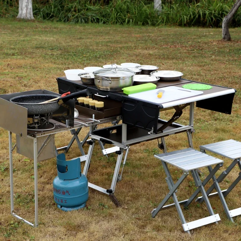 Mobile kitchen, foldable table, camping field stove, cookware, supplies, car self-driving tour equipment, stove