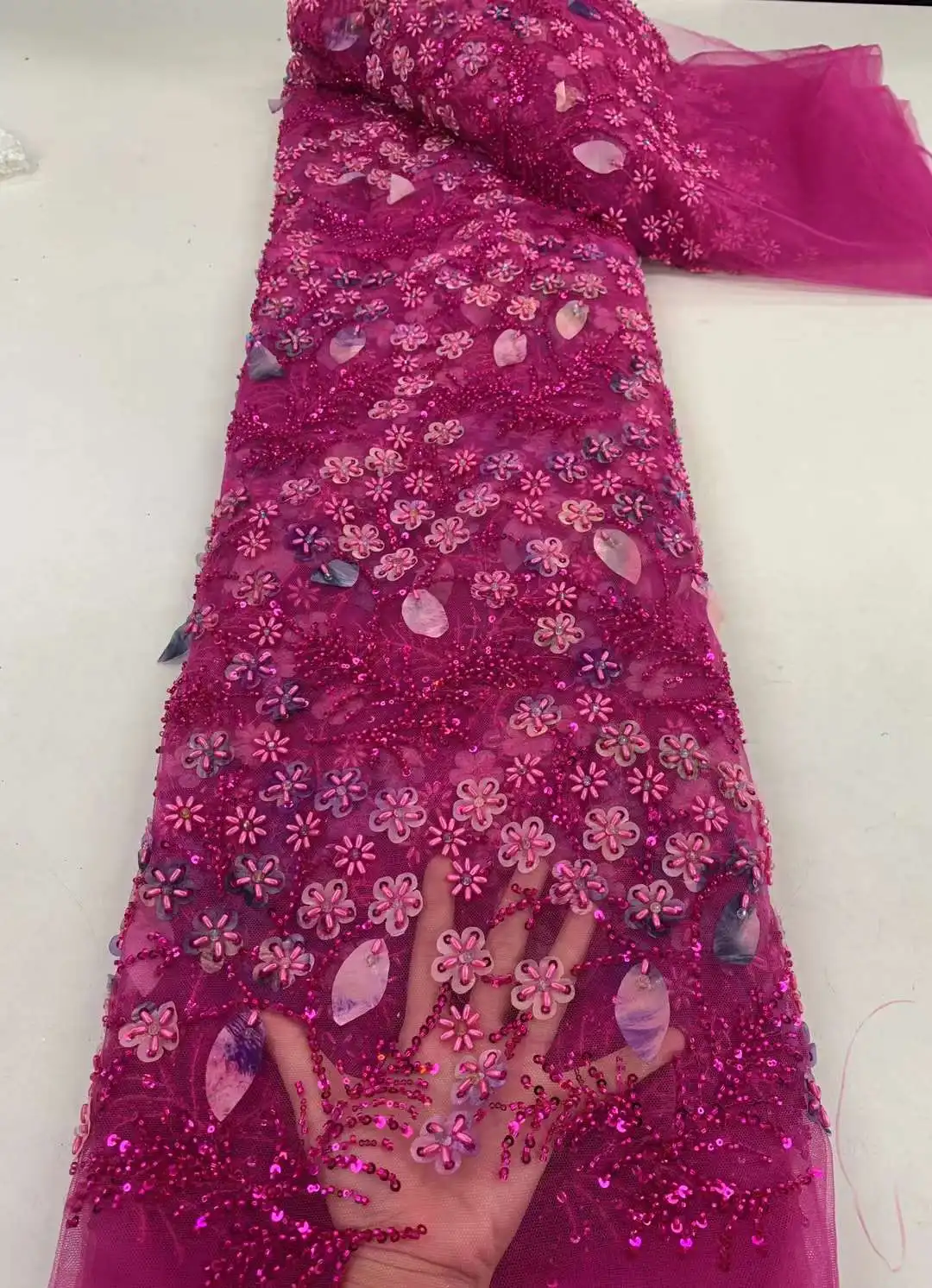 Hot Pink NewArrival Embroidered French African Sparkly Heavy Beads and Sequins Lace Fabric For Women Party or Wedding Show Dress