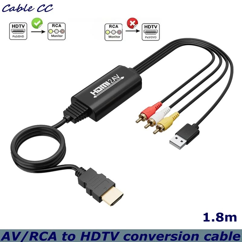 1.8m HDMI-compatible to 3RCA converter cable, with USB power supply 1080P composite CVBS AV audio and video adapter
