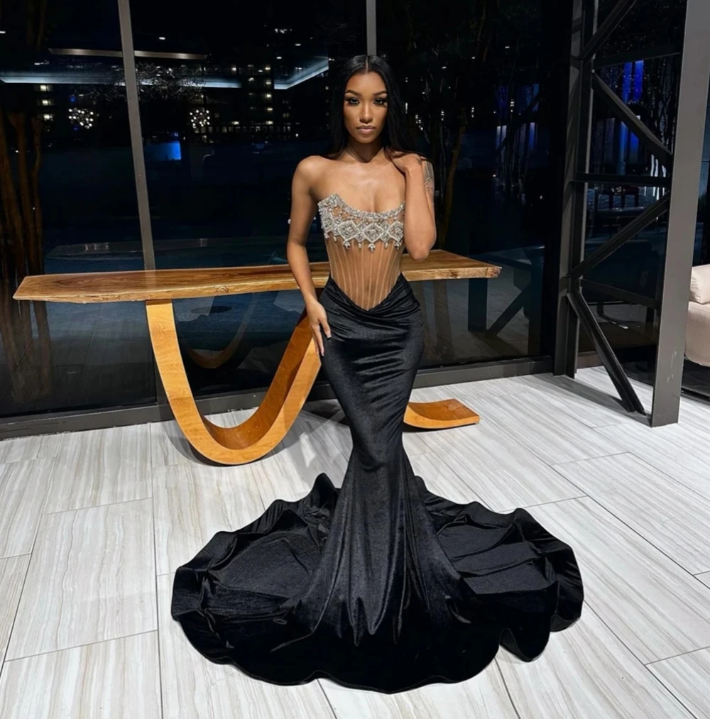 Sexy Black Sheer Long Prom Dresses For Black Girls Beaded Birthday Party Dresses African Mermaid Evening Gown Robe De Customized