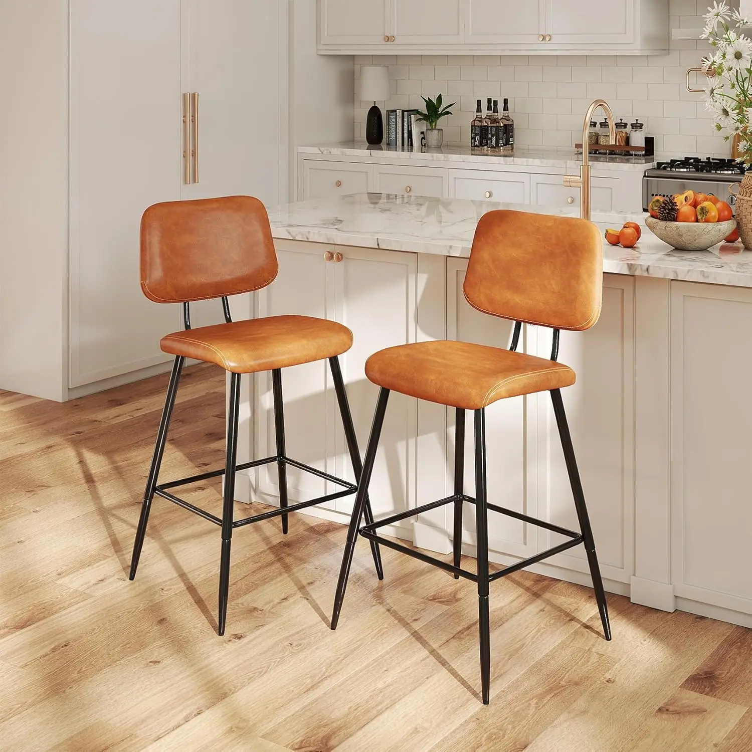 

Комплект из 2 барных стульев для кухонного острова, 26 дюймов, современные, из искусственной кожи, с спинкой и металлическими ножками, на заказ