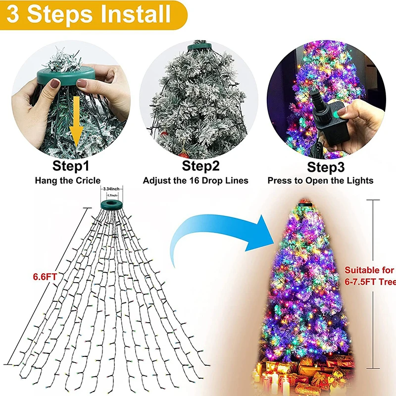 Luces LED para árbol de Navidad, 8 modos, guirnaldas de luces, cadena para patio, jardín, exterior, impermeable, decoración navideña, fiesta, Año Nuevo
