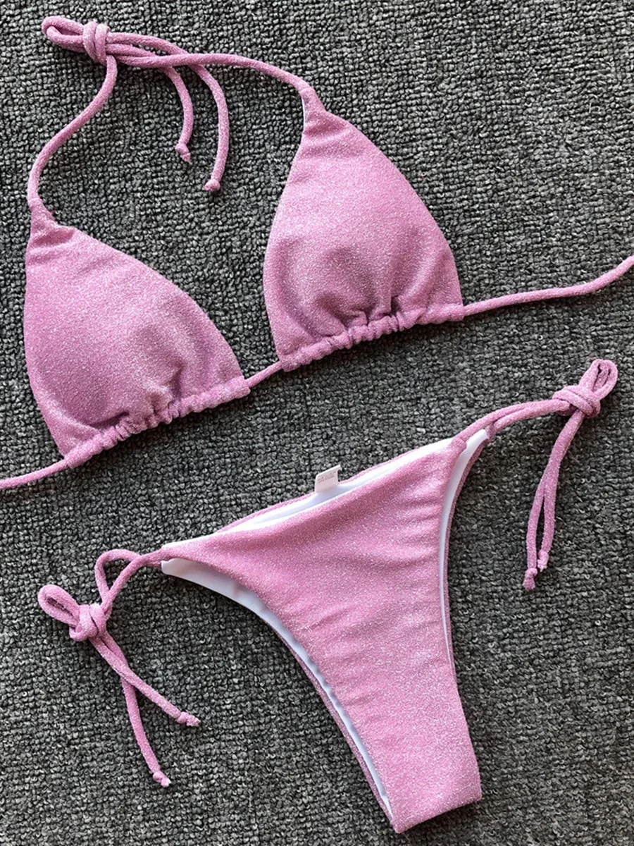 Maillot de bain deux pièces pour femmes, bikini sexy, micro brillant, bling, soutien-gorge push up, style brésilien, pour la plage, 2025