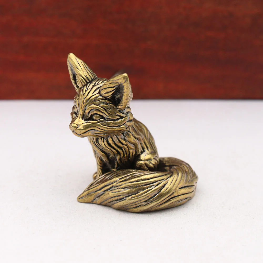 Solid Brass Lovely Fox Figurines Desktop Ornaments Vintage Cute Animal Small Statue Home Decorations Crafts Accessories Tea Pets