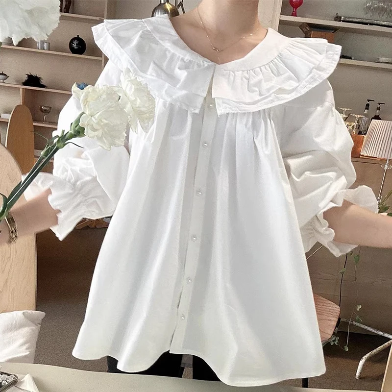 KUSAHIKI Korean Chic Autumn Sweet Double Peter Pan Collar Pearl Single Breasted Lantern Sleeve Shirt for Women Camisas De Mujer