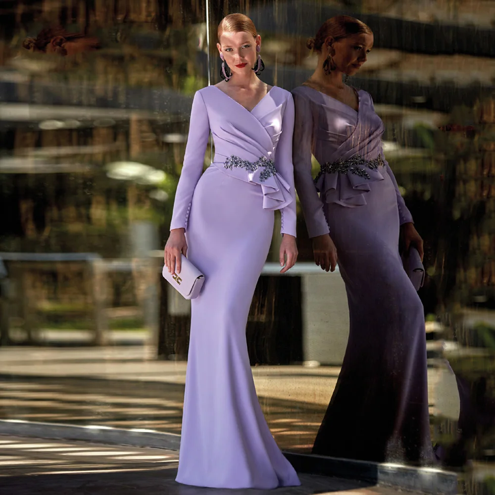 

Elegant Lilac Mother of the Bride Dresses V Neck Long Sleeves Wedding Party Gowns Appliques Floor Length Mermaid فساتين السهرة