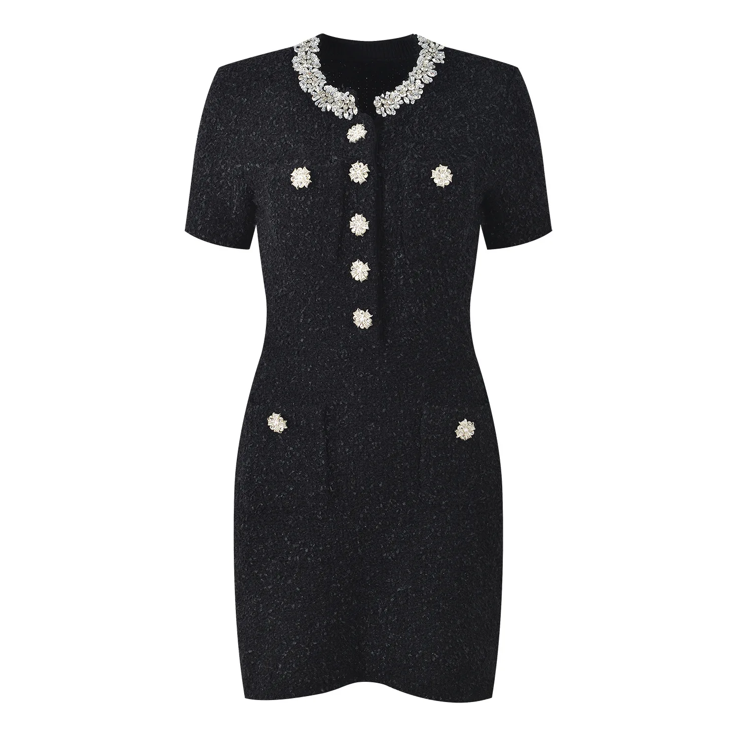 CHUJIE Herbst/Winter 2025, französisches Luxuskleid, Kristall-Rundhals-Strickkleid, kurzärmeliges, schmal geschnittenes, figurbetontes Kleid