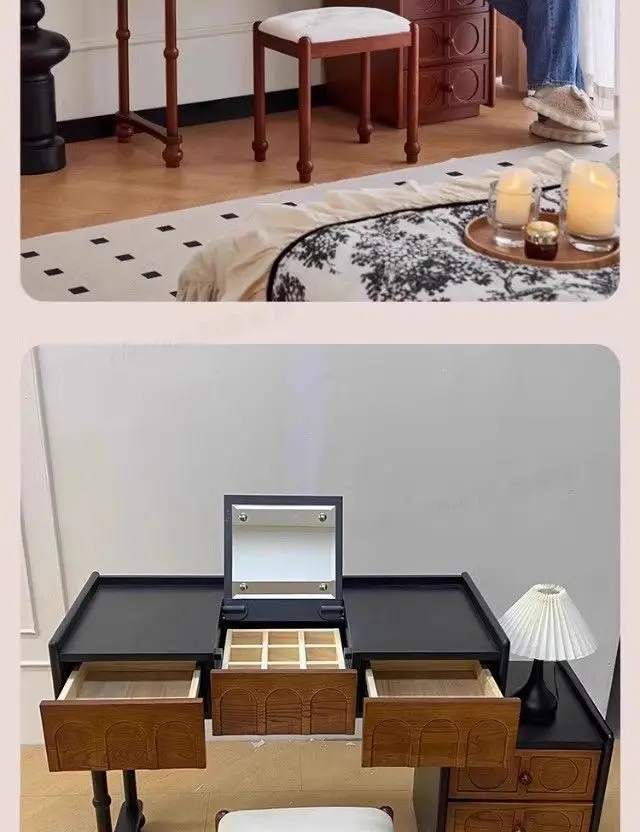 LH Vintage-style solid wood flip-top dressing table two-in-one vanity vintage storage cabinet