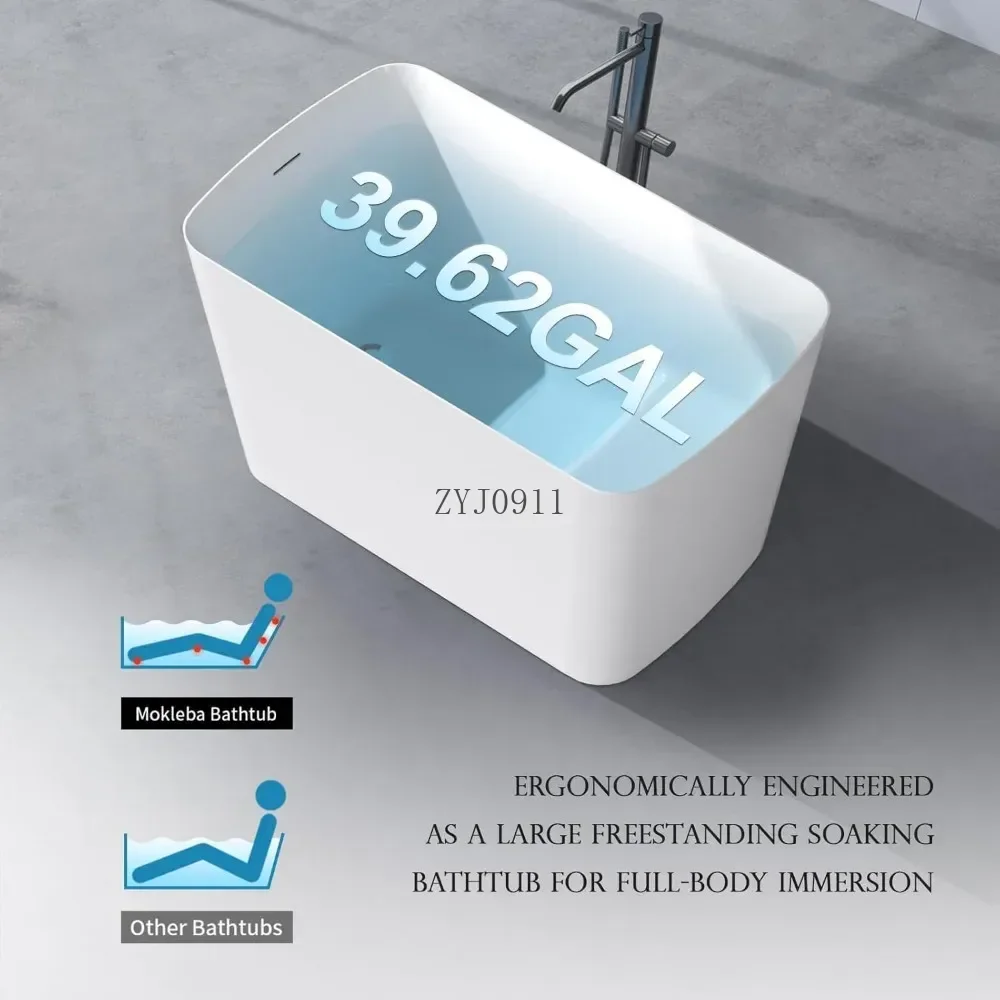 Luxurious 47 Inch Lucite Acrylic Freestanding Bathtub Square Japanese Design Soaking Comfort Seat Chrome Drain Slotted Overflow