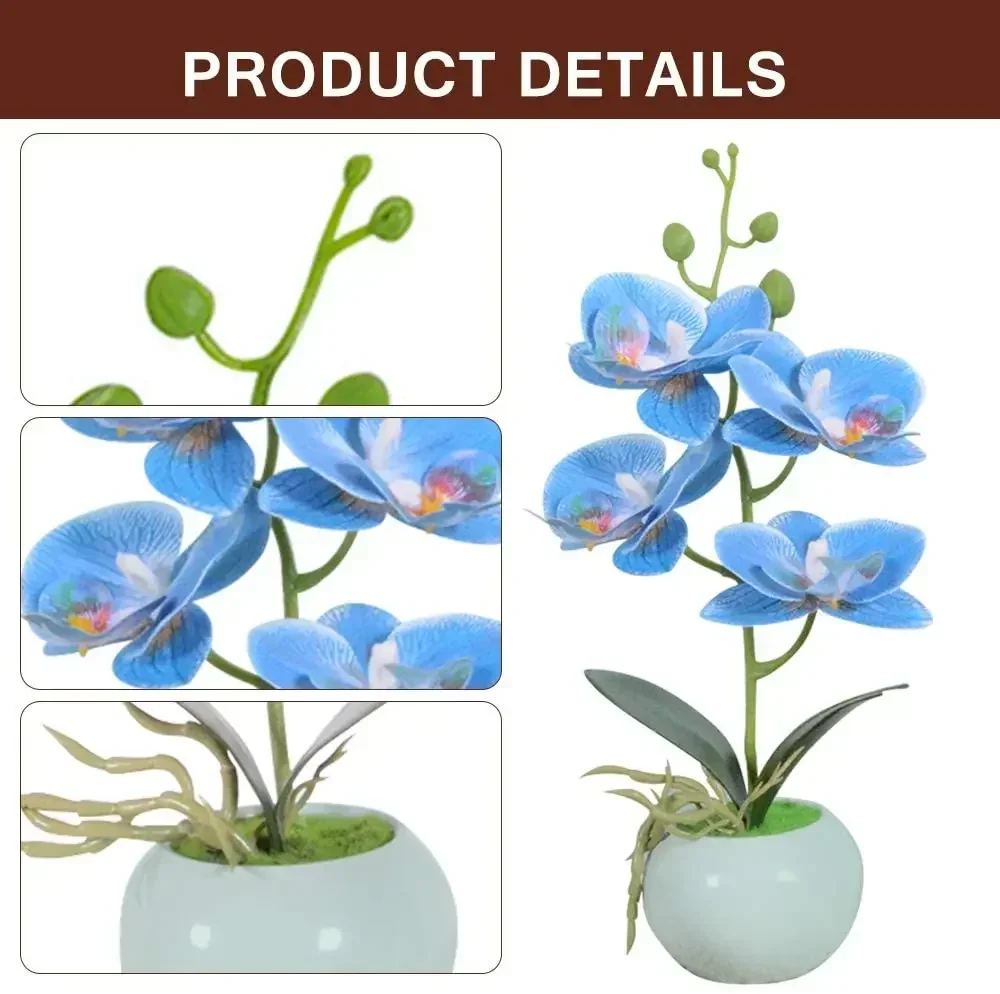 Artificial Bonsai Orchid Phalaenopsis Arrangements Flower with Ceramics Vase for Home Office Decoration (Blue)