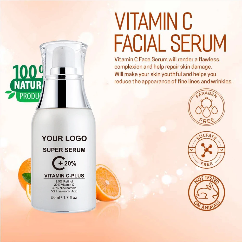 ฉลากส่วนตัว Vitamin C Face Serum โลโก้ที่กําหนดเอง 50ml VC Essence Original Liquid Face Skin Care ผลิตภัณฑ์ Moisturizer โลชั่นแต่งหน้า