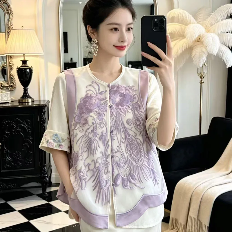 

Женский ацетатный топ с вышивкой в китайском стиле, весна-лето, новый, с цветочным узором, свободный крой, размеры S-XXL