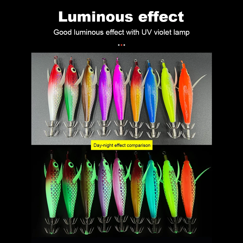 10cm 8g Luminous Fishing Lure Wood Shrimp Bait 5/1PCS Glowing Egging Lures Squid Hooks horizontal Cuttlefish Lures Octopus Bait