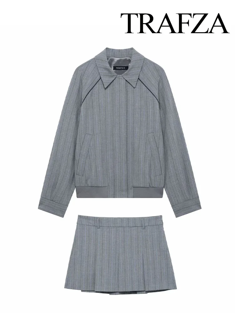 

TRAFZA Women New Fashion Skirt Suits Chic Stripe Lapel Pocket Decorate Zipper Jacket Coat+Casual High Waist Pleated Mini Skirt