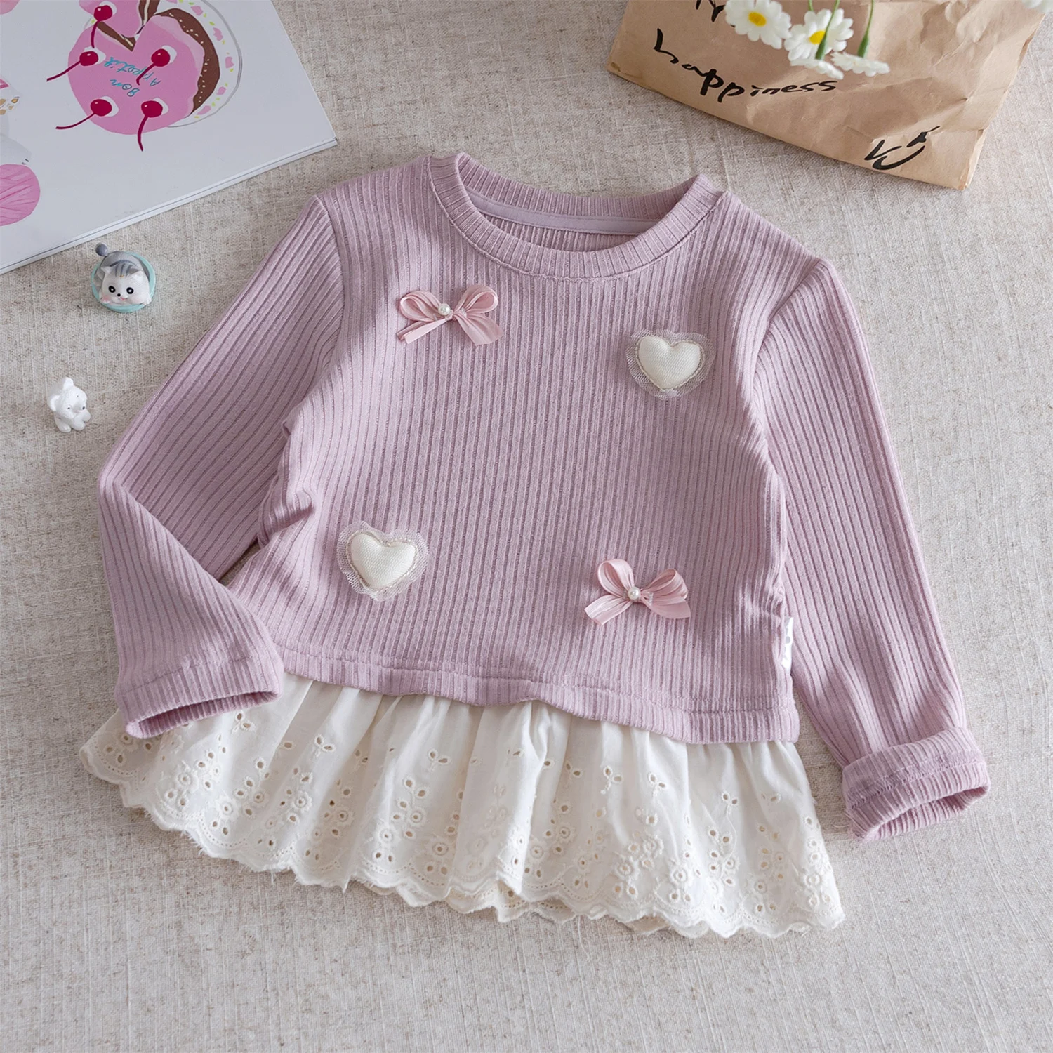 الفتيات طويلة الأكمام تي شيرت الخريف جديد للأطفال ثلاثية الأبعاد القلب العلوي الكورية الاطفال سليم أسفل قميص القوس الدانتيل الربط البلوز