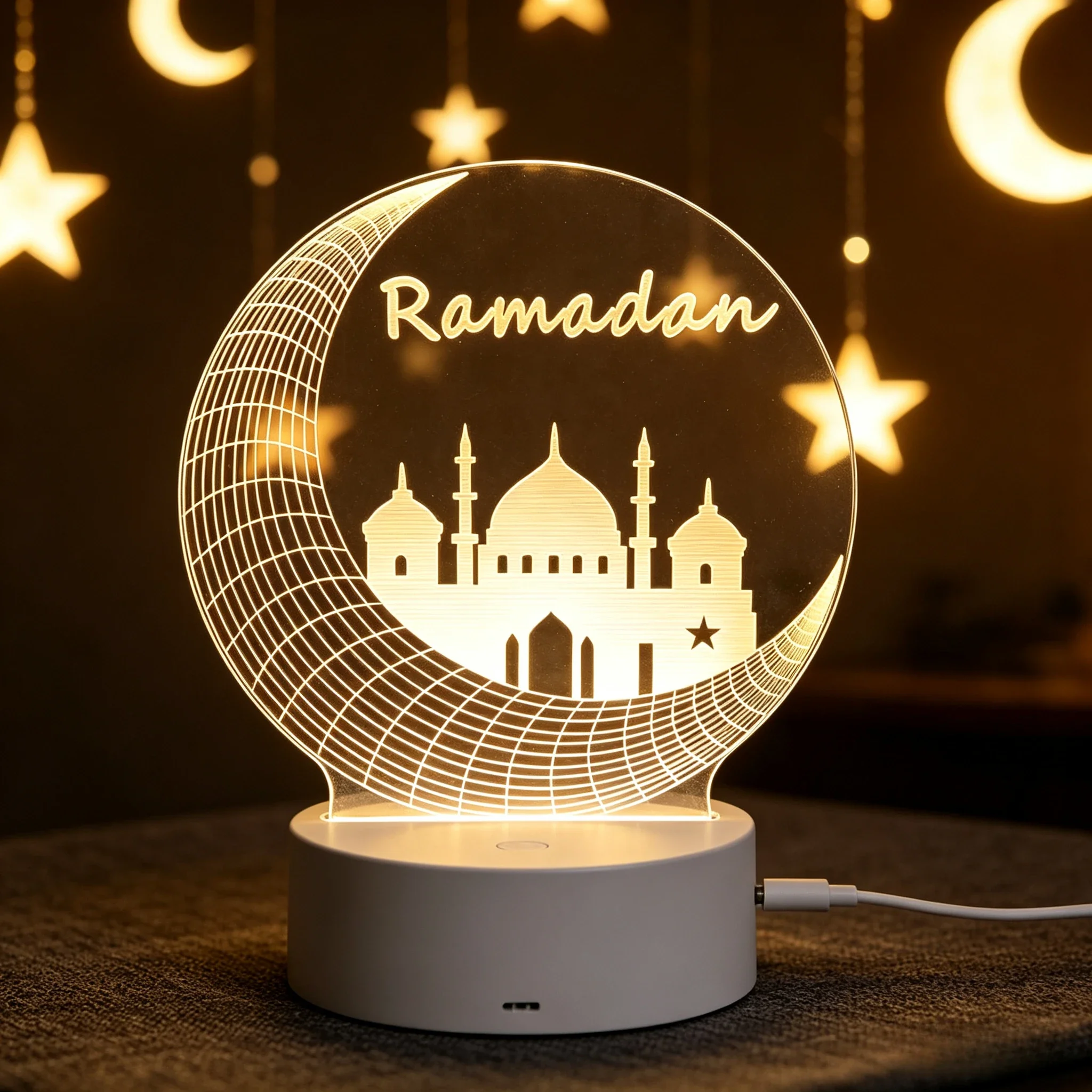 Ramadan Crescent Acrylic LED Night Light, Mosque Star Moon Pattern USB Table Lamp Islamic Ramadan Home Decor Gift