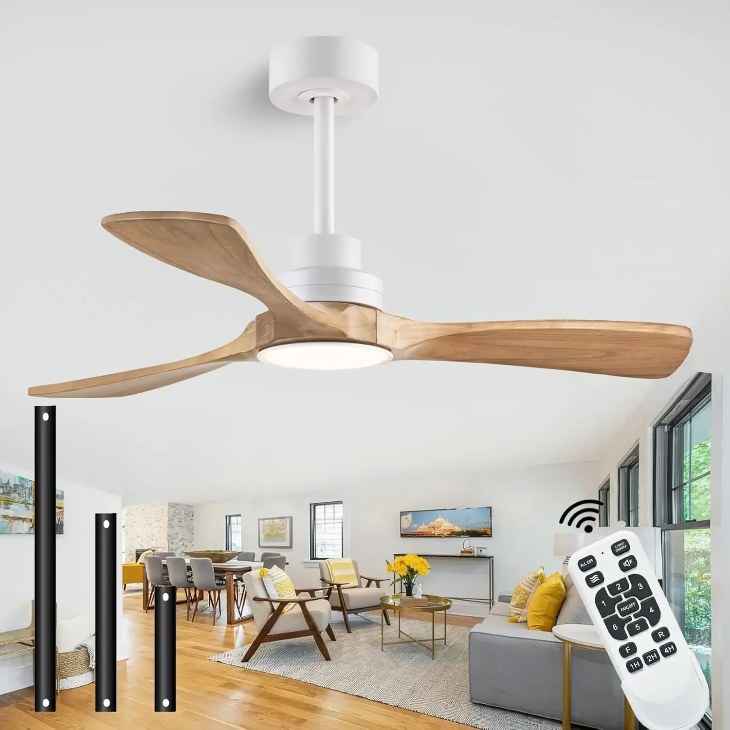 Fans with Lights with Remote Control, Indoor Outdoor Wooden Ceiling Fan with 3 Wooden Blades for Patio, Living Room, Dining Room