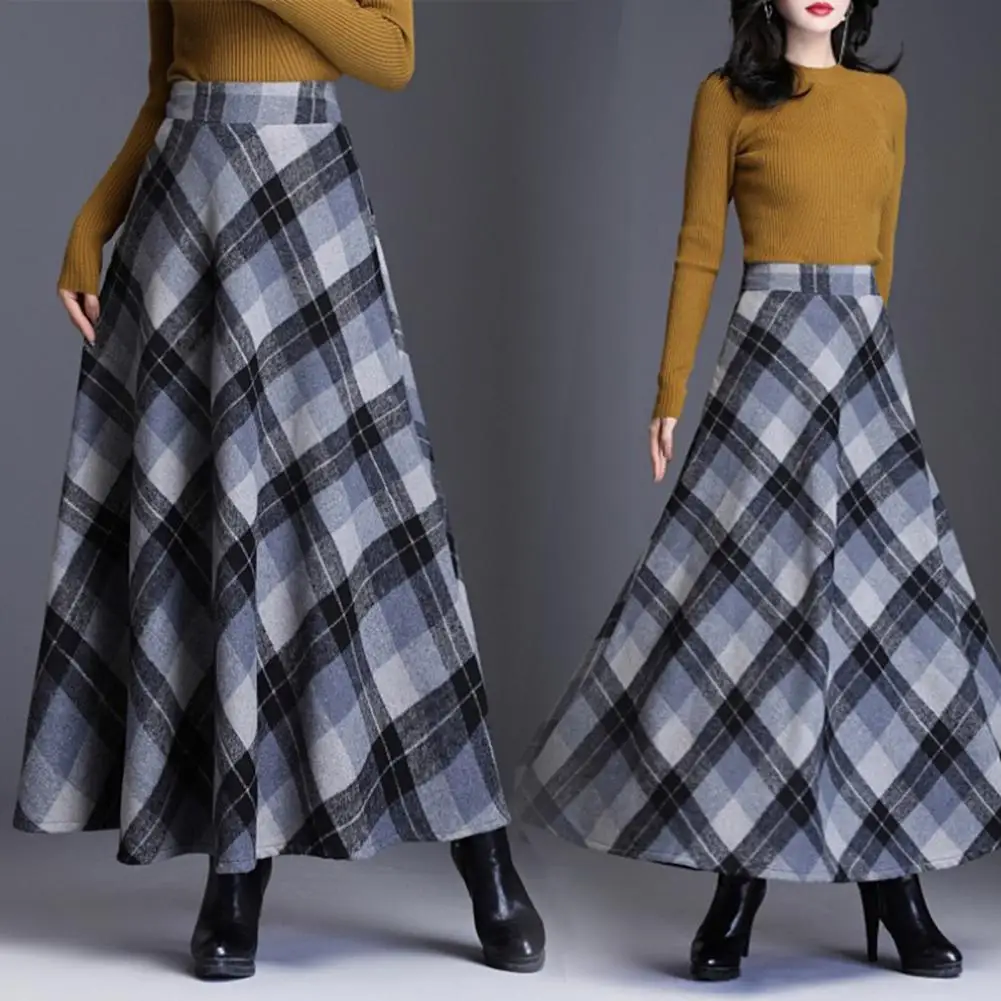 

Skirt Plaid Print A-line Skirt Plaid Print Woolen Skirt for Women High Waist A-line Style with Hem Thickened Winter for Wear